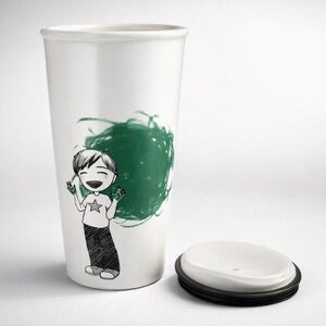 Starbucks Dot Collection Green Finger Paint Boy Ceramic 12 oz Tumbler w/Lid 2015